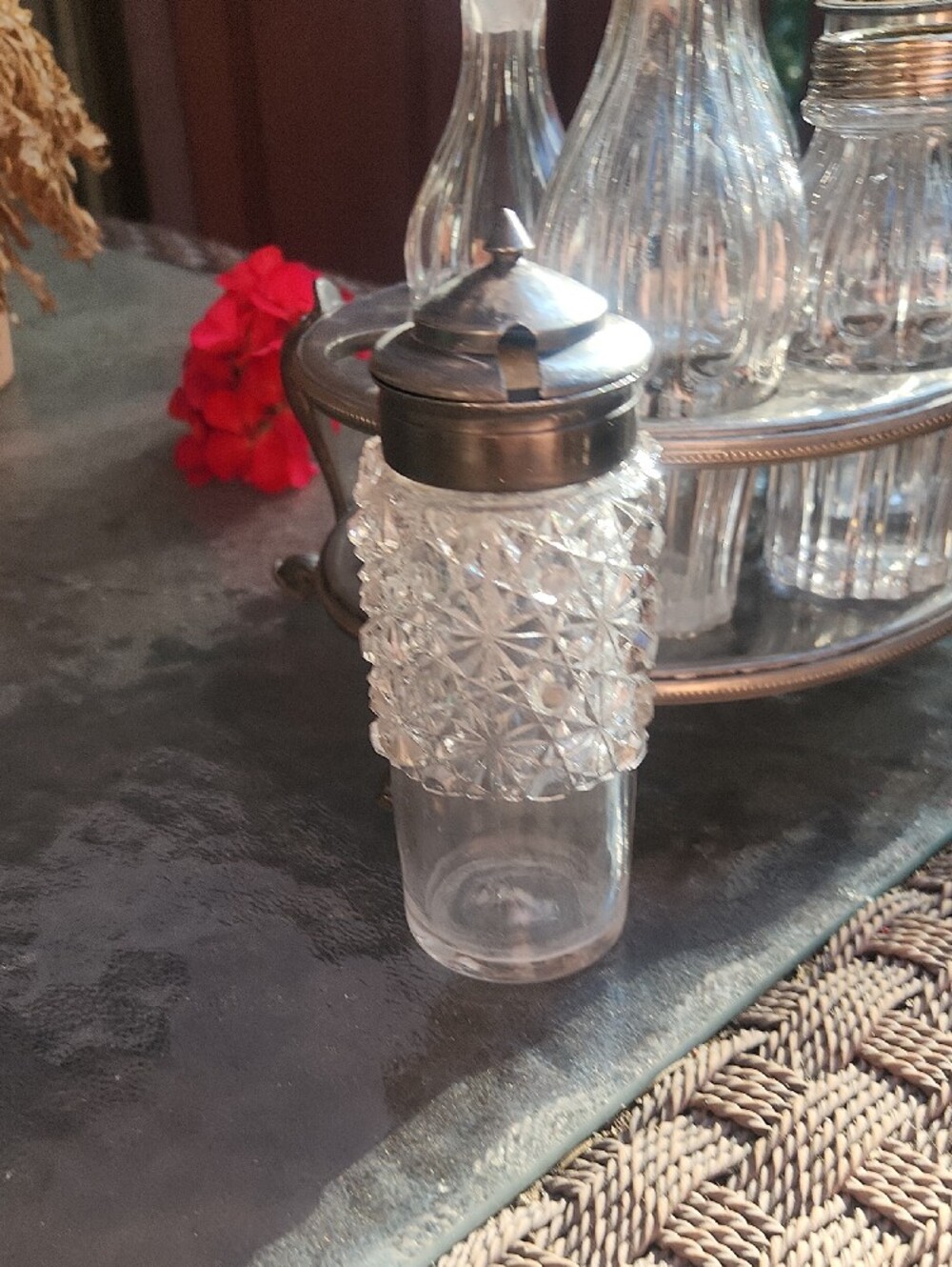 Vintage Silver Condiment Carousel with Clear Glass Bottles - Picture 7 of 16